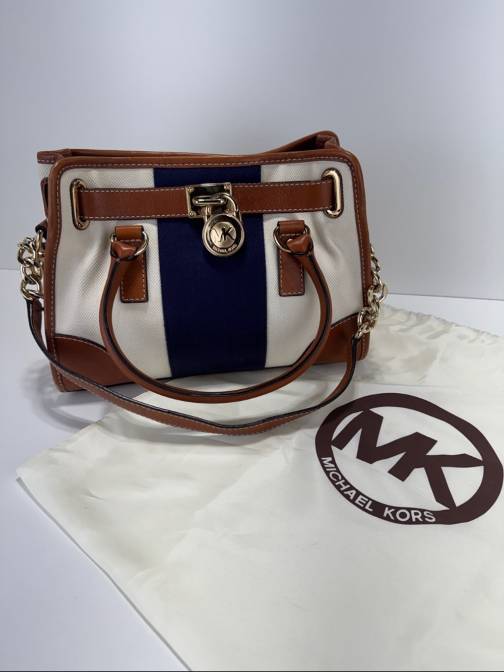 Michael Kors Hamilton Cream Canvas Satchel with Navy Stripe & Brown Leather Trim
